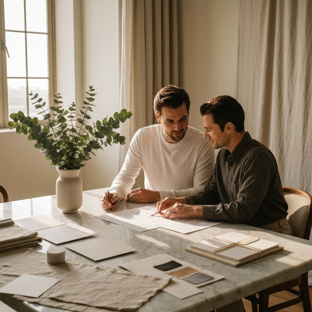 Couple reviewing wedding plans